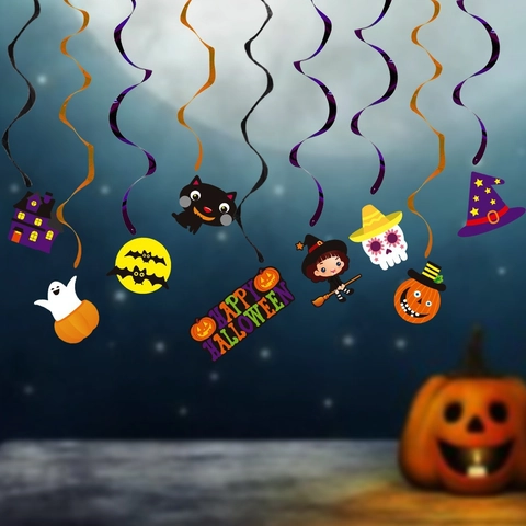 Décorations de Spirales Suspendues Halloween Sorcière Citrouille Fantôme Chat Pendentifs Spirale Dessin Animé pour Fête Décor