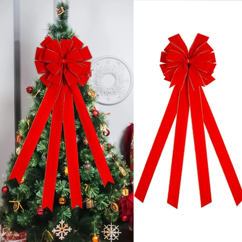 Grand Nœud de Noël en Velours Rouge Avec Bordure Dorée Décoration de Sommet de Sapin pour Fête et Maison Ornement Suspendu
