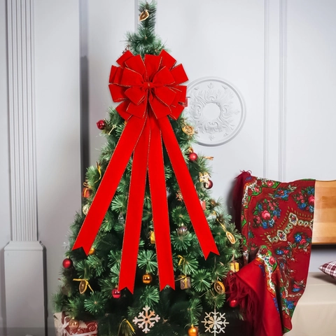 Grand Nœud de Noël en Velours Rouge Avec Bordure Dorée Décoration de Sommet de Sapin pour Fête et Maison Ornement Suspendu