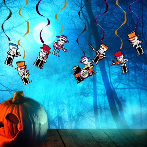 Decorazioni a Spirale Appese di Halloween Musicista Scheletro Cartone Animato in PVC Carta per Festa Bar Casa Interno Esterno