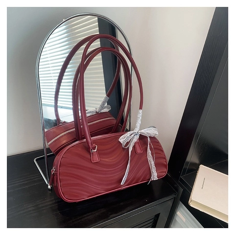 Borsa a Spalla in Pelle PU Goffrata alla Moda per Donna Elegante Borsa a Mano con Dettaglio Fiocco in Pizzo Tote Versatile