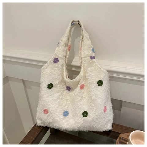 Sac Fourre-tout Femme en Tissu Polyester Grande Capacité Broderie Florale Imprimé Cœur Sac à Bandoulière Décontracté pour le Quotidien