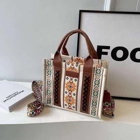 Vintage Geometric Ethnic Style Canvas Tote Bag For Women Fashion Printed Shoulder Bag With Adjustable Wide Strap Handbag
