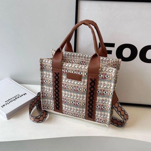 Vintage Geometric Ethnic Style Canvas Tote Bag For Women Fashion Printed Shoulder Bag With Adjustable Wide Strap Handbag