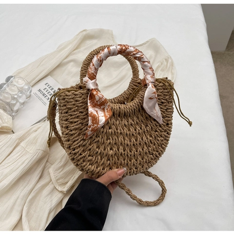 Damen Geflochtene Stroh Schultertasche Halbmond Umhängetasche Mit Seidenschal Griff Kordelzug Lässige Strand Urlaubstasche