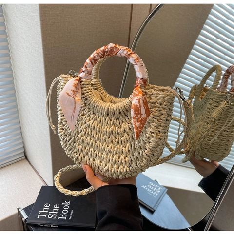Damen Geflochtene Stroh Schultertasche Halbmond Umhängetasche Mit Seidenschal Griff Kordelzug Lässige Strand Urlaubstasche