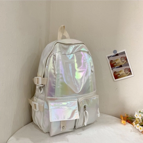 Mochila de PU Láser Holográfico para Mujer Moda Iridiscente Gran Capacidad Multi Bolsillo Mochila Impermeable para Escuela Viajes Diario