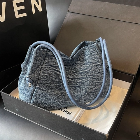Borsa a Tracolla in Denim da Donna Grande Tote Lavata con Coulisse e Nodo Minimalista Borsa Hobo Casual Lavoro Quotidiano