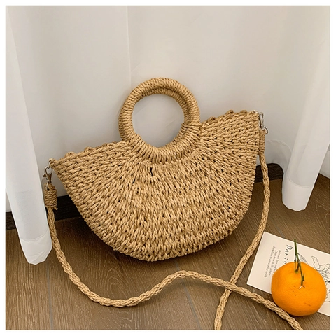Mode Damen Stroh Geflochtene Handtasche Sommer Strand Urlaub Halbmond Schultertasche Mit Rundem Griff Und Abnehmbarem Gurt Minimalistische Umhängetasche