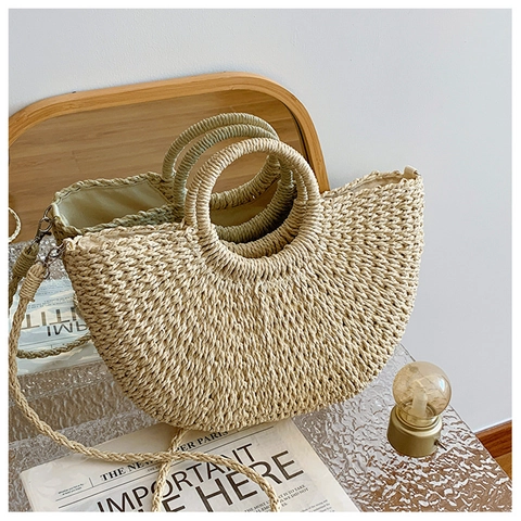 Mode Damen Stroh Geflochtene Handtasche Sommer Strand Urlaub Halbmond Schultertasche Mit Rundem Griff Und Abnehmbarem Gurt Minimalistische Umhängetasche