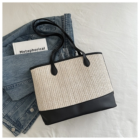 Sac Fourre Tout en Paille Tissée Pour Femmes Avec Bordure en Cuir PU Grande Capacité Été Plage Vacances Sac à Épaule