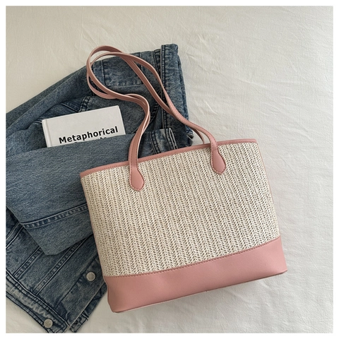 Sac Fourre Tout en Paille Tissée Pour Femmes Avec Bordure en Cuir PU Grande Capacité Été Plage Vacances Sac à Épaule