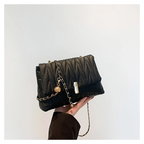 Bolso de Hombro de Cuero PU Acolchado para Mujer Con Correa de Cadena de Oro Patrón en V Bolso Bandolera Elegante Diario