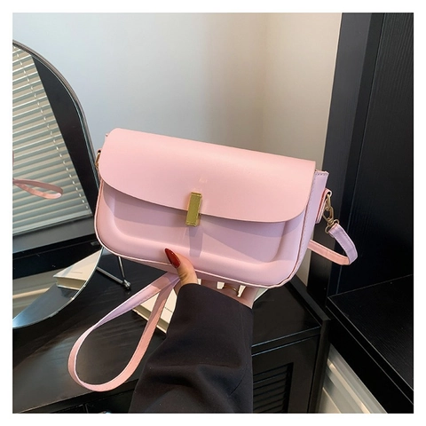 Women's Minimalist PU Leather Shoulder Bag Solid Color Square Crossbody Bag With Gold Metal Lock For Daily Commute Work