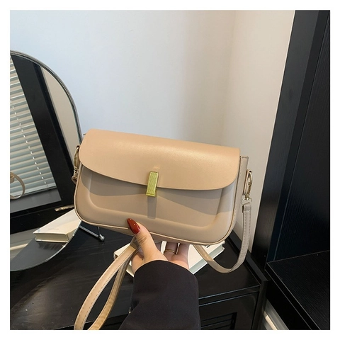 Women's Minimalist PU Leather Shoulder Bag Solid Color Square Crossbody Bag With Gold Metal Lock For Daily Commute Work