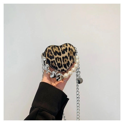 Bolso de Hombro de Moda con Forma de Corazón y Estampado de Leopardo para Mujer Mini Bolso de Piel Sintética con Cadena