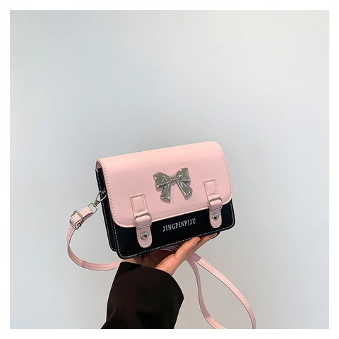 Mode Nouveau Sac à Bandoulière en Cuir PU pour Femmes Décor de Nœud Surpiqûres Contrastées Sac à Main Carré Minimaliste Urbain