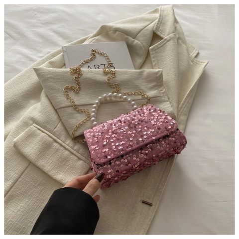 Women Fashion Sequined Shoulder Bag With Artificial Pearl Handle Glitter Party Handbag Elegant Crossbody Bag For Wedding Banquet