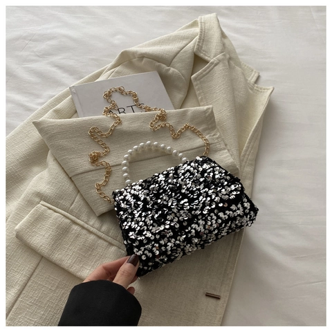 Women Fashion Sequined Shoulder Bag With Artificial Pearl Handle Glitter Party Handbag Elegant Crossbody Bag For Wedding Banquet