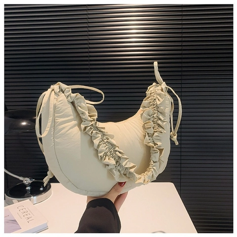 Borsa a Tracolla Plissettata da Donna Forma di Mezzaluna Borsa Hobo Nuvola con Volant Dolce Borsa in Tessuto Casual