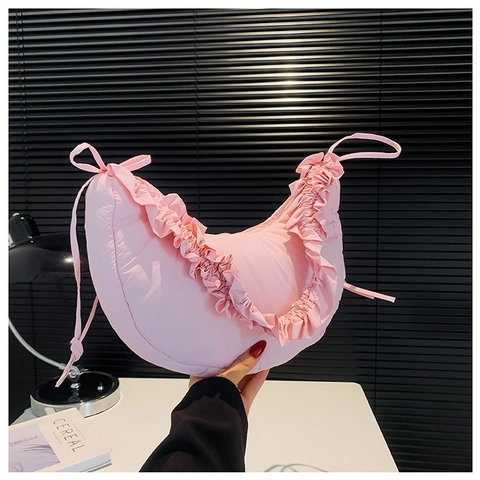 Borsa a Tracolla Plissettata da Donna Forma di Mezzaluna Borsa Hobo Nuvola con Volant Dolce Borsa in Tessuto Casual