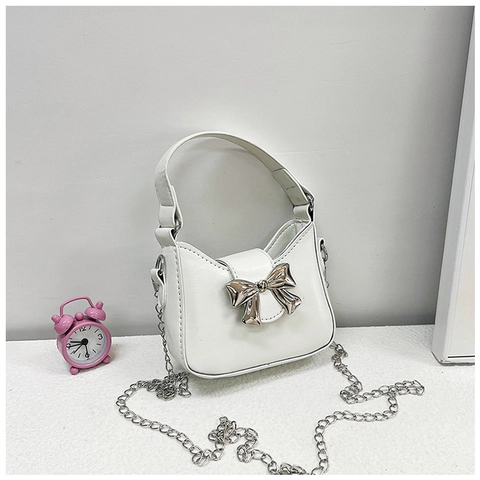 Women Mini PU Leather Shoulder Bag Trendy Metal Bow Crossbody Bag Versatile Handbag With Silver Chain Strap Daily Party Jewelry