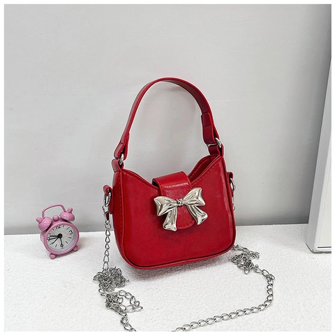 Women Mini PU Leather Shoulder Bag Trendy Metal Bow Crossbody Bag Versatile Handbag With Silver Chain Strap Daily Party Jewelry