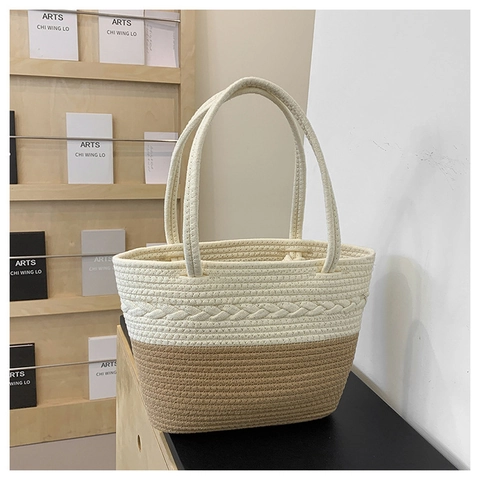 Grand Sac Fourre-Tout Tissé pour Femme Bloc de Couleur Texture Tressée Fait Main Sac à Épaule Décontracté Vacances d'Été