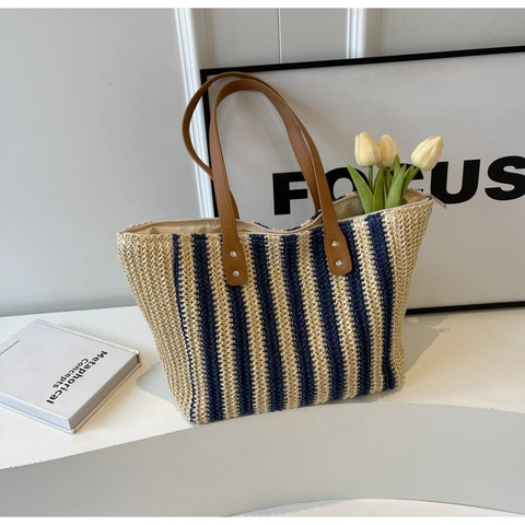 Sac Cabas Tissé en Paille Rayé pour Femmes Grande Capacité Sac à Épaule Plage Été Avec Poignée en Cuir PU et Fermeture Éclair