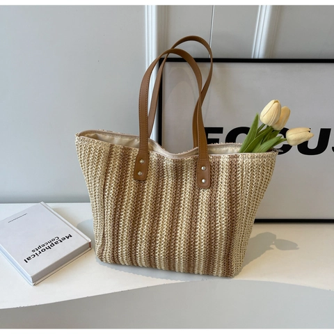 Sac Cabas Tissé en Paille Rayé pour Femmes Grande Capacité Sac à Épaule Plage Été Avec Poignée en Cuir PU et Fermeture Éclair