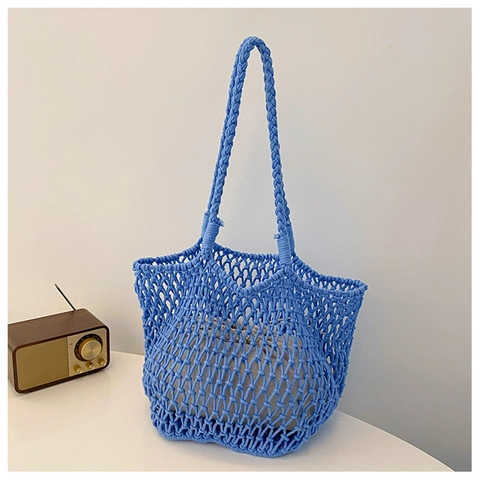 Borsa Tote Intrecciata a Mano da Donna Borsa a Tracolla da Spiaggia Estiva Borsa a Mano a Rete Con Coulisse Interna