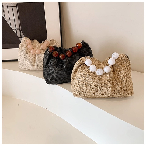 Damen Gewebte Stroh-Schultertasche Mit Dekorativem Perlengriff Und Metallkette Sommer Casual Crossbody Clutch