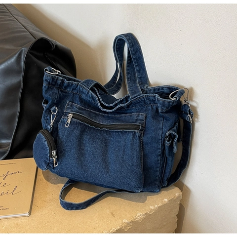 Borsa Tote in Denim Lavato da Donna Grande Capacità Multi Tasca Borsa a Spalla Jean Con Portamonete Rimovibile Casual Urban