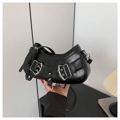 Women Crescent Shoulder Bag PU Leather Retro Punk Metal Buckles Underarm Bag Fashion Crossbody Purse For Daily Casual Wear