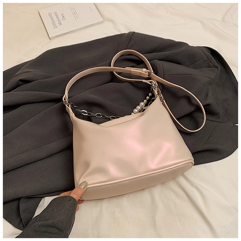 Bolso de Hombro de PU para Mujer de Moda Con Cadena de Metal de Perlas Artificiales Bolso Bandolera Hobo Minimalista para Uso Diario