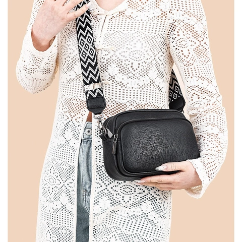 Damen Mode Litchi PU Leder Kamera Tasche Breiter Geometrischer Gurt Crossbody Umhängetasche Reißverschluss Täglich Handtasche Für Damen