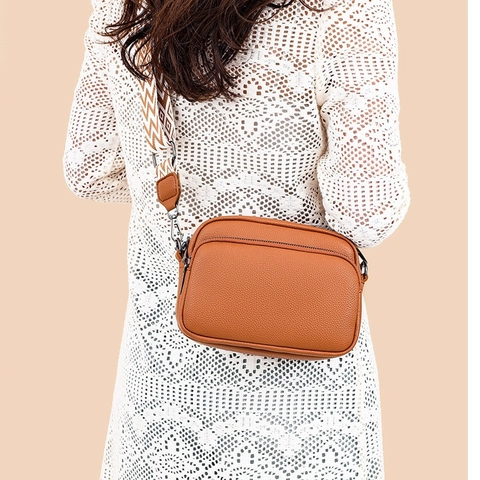 Damen Mode Litchi PU Leder Kamera Tasche Breiter Geometrischer Gurt Crossbody Umhängetasche Reißverschluss Täglich Handtasche Für Damen