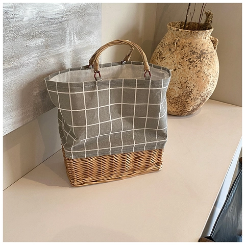 Moda Donna Paglia Giuntato Borsa Tote Grande Capacità Casual Quadri Striscia Borsa a Tracolla Retro Manico Intrecciato Spiaggia Vacanza Borsa