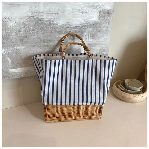 Moda Donna Paglia Giuntato Borsa Tote Grande Capacità Casual Quadri Striscia Borsa a Tracolla Retro Manico Intrecciato Spiaggia Vacanza Borsa