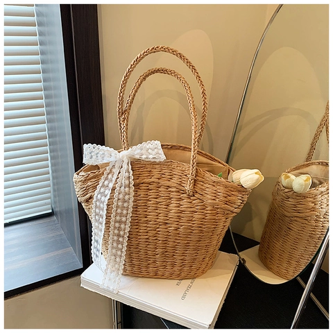 Minimalistische Stroh Schultertasche Mit Großer Kapazität Für Damen Gewebte Tragetasche Mit Weißer Spitzenschleife Sommer Strand Urlaub Handtasche