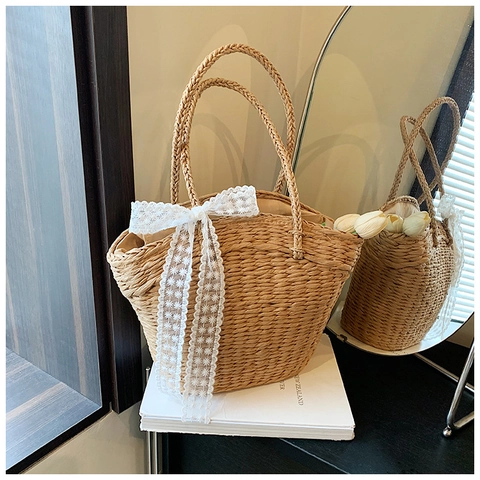 Minimalistische Stroh Schultertasche Mit Großer Kapazität Für Damen Gewebte Tragetasche Mit Weißer Spitzenschleife Sommer Strand Urlaub Handtasche