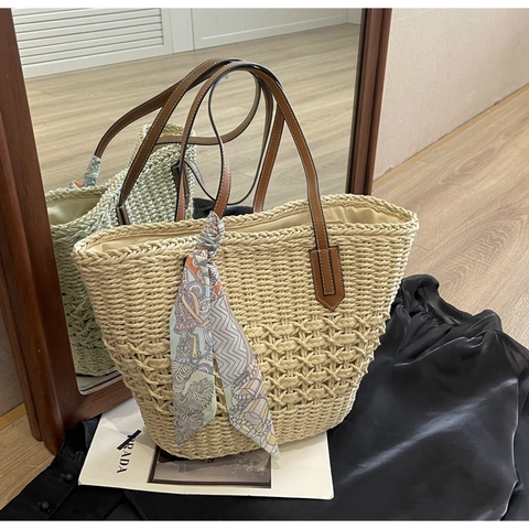 Mode Stroh Geflochten Tragetasche Für Damen Große Kapazität Schultertasche Mit Schal Dekoration Sommer Strand Urlaub Handtasche
