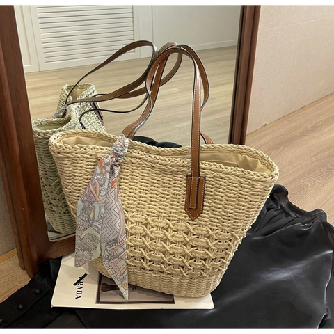 Mode Stroh Geflochten Tragetasche Für Damen Große Kapazität Schultertasche Mit Schal Dekoration Sommer Strand Urlaub Handtasche