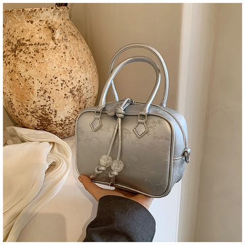 Bolso de Hombro para Mujer de Cuero PU con Relieve Floral Bolso de Mano Retro Pequeño Cuadrado con Correa de Cuentas