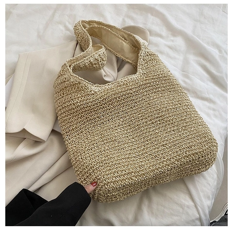 Borsa a Spalla Tote in Paglia Intrecciata a Mano Grande Capacità Borsa da Spiaggia Estiva Vacanza Trama Intrecciata Casual per Donna