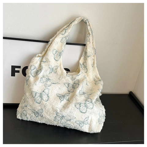 Women Trendy Lace Butterfly Print Tote Bag Large Capacity Casual Shoulder Bag Everyday Simple Versatile Shopping Travel Handbag