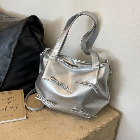 Bolso de Hombro de Cuero PU Con Lazo de Moda para Mujer Plateado Metálico Negro Rosa Bolso Tote Grande Con Correa Ajustable