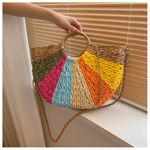 Moda Estate Spiaggia Paglia Intrecciata Borsa a Tracolla Donna Fatto a Mano Patchwork Multicolore Borsa Tote con Coulisse