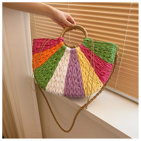Moda Estate Spiaggia Paglia Intrecciata Borsa a Tracolla Donna Fatto a Mano Patchwork Multicolore Borsa Tote con Coulisse