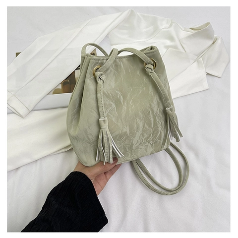 Borsa a Secchiello in Pelle PU Pieghettata da Donna con Nappa Coulisse Borsa a Tracolla Minimalista Versatile Trendy Borsa Quotidiana